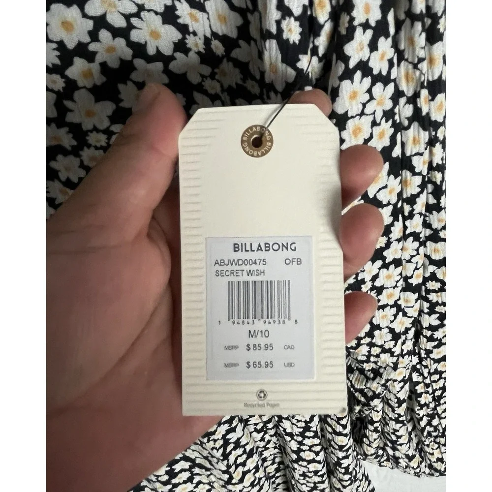 Billabong Dress Secret Wish Womens M Black Ditsy Floral‎ Mini Balloon Sleeve New